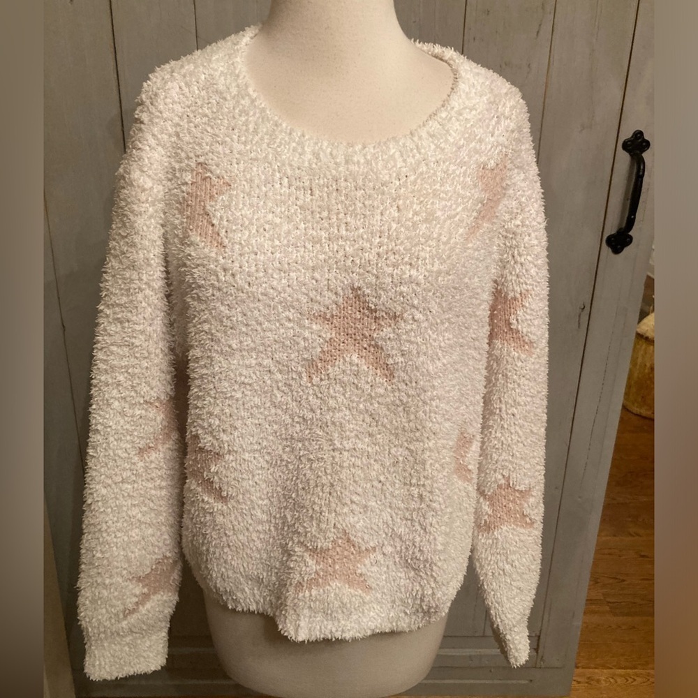 POL Sweater White Pink Star‎ Soft Chenille Oversized Crop Sweater. Size medium